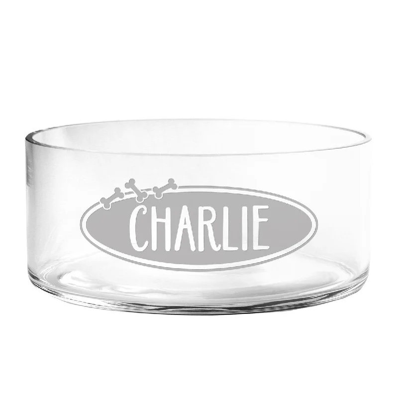 Personalized Oval Bones Glass Dog Bowl